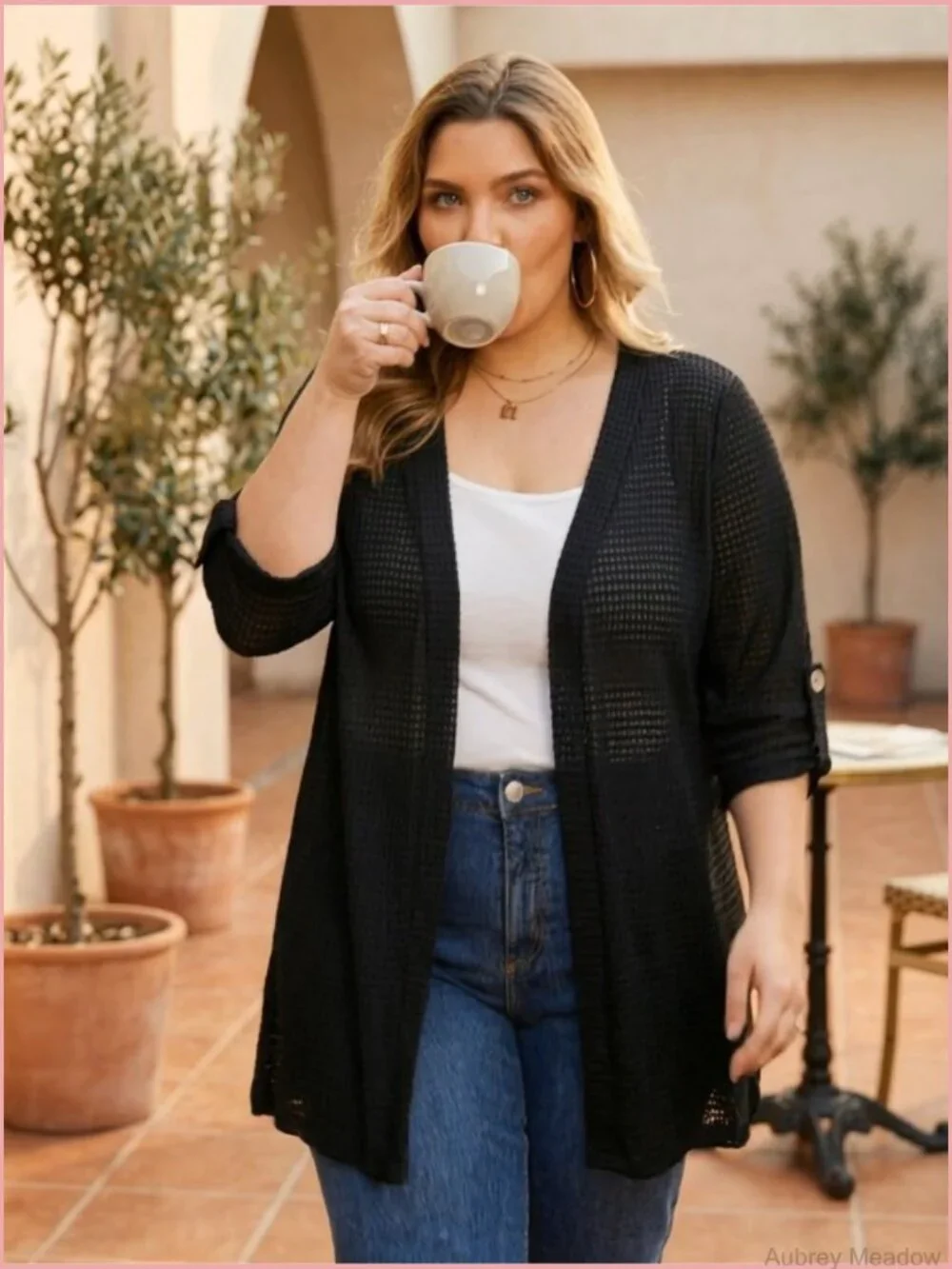 Plus Size Hollow Out 3/4 Sleeve Side Slits Cardigan Cover Up